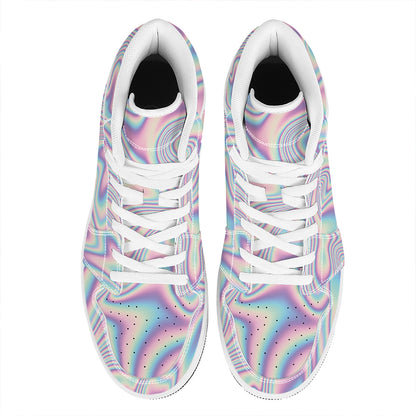 Psychedelic Holographic Print High Top Leather Sneakers