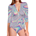 Psychedelic Holographic Print Long Sleeve Swimsuit