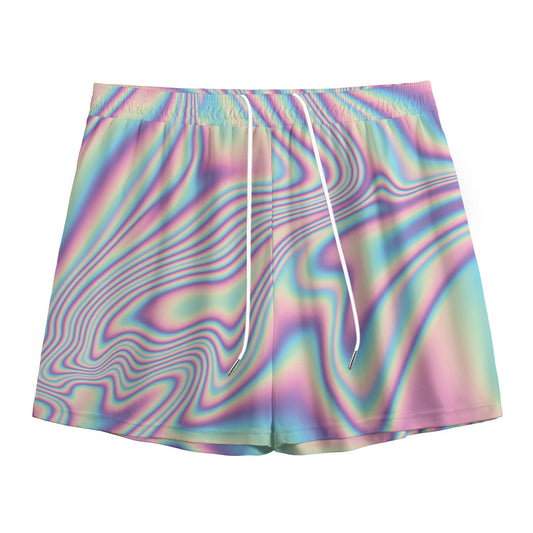 Psychedelic Holographic Print Mesh Shorts