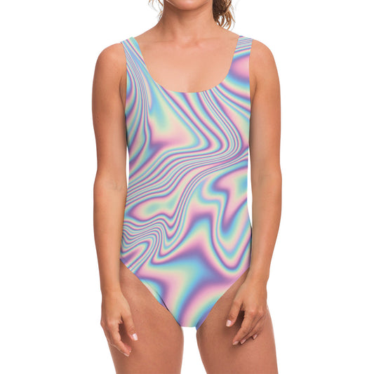 Psychedelic Holographic Print One Piece Swimsuit