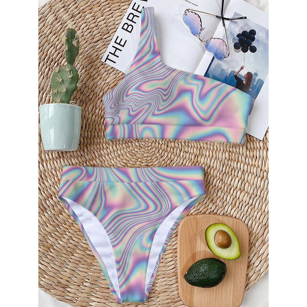 Psychedelic Holographic Print One Shoulder Bikini Top