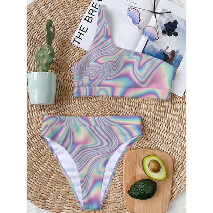 Psychedelic Holographic Print One Shoulder Bikini Top