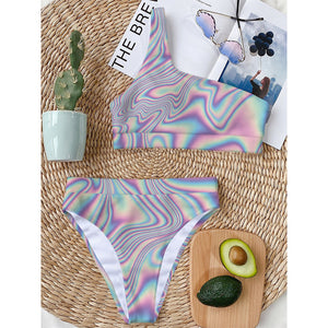 Psychedelic Holographic Print One Shoulder Bikini Top