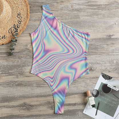 Psychedelic Holographic Print One Shoulder Bodysuit