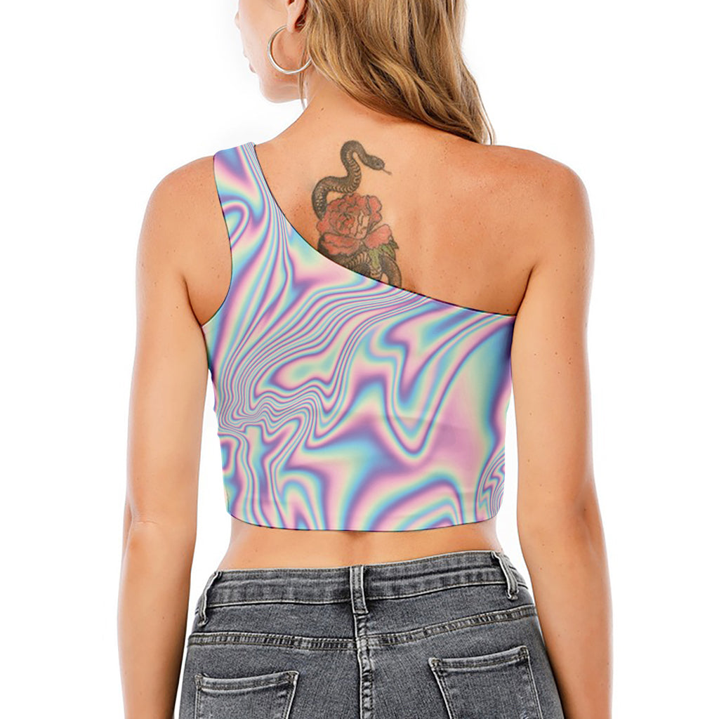Psychedelic Holographic Print One Shoulder Crop Top