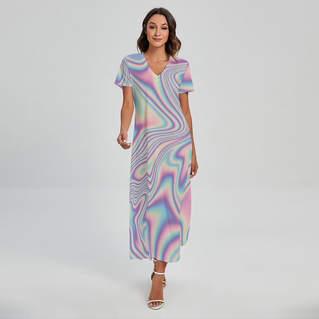 Psychedelic Holographic Print Short Sleeve Maxi Dress