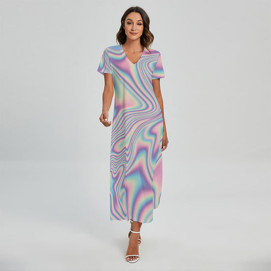 Psychedelic Holographic Print Short Sleeve Maxi Dress