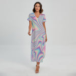Psychedelic Holographic Print Short Sleeve Maxi Dress