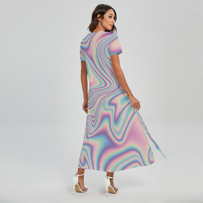 Psychedelic Holographic Print Short Sleeve Maxi Dress