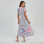 Psychedelic Holographic Print Short Sleeve Maxi Dress