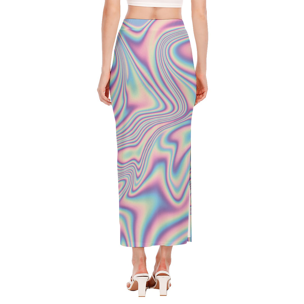 Psychedelic Holographic Print Side Slit Maxi Skirt