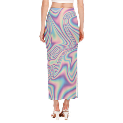 Psychedelic Holographic Print Side Slit Maxi Skirt