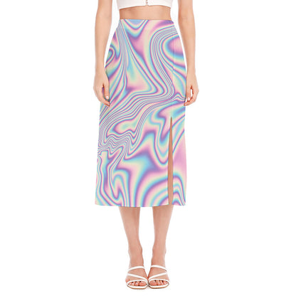 Psychedelic Holographic Print Side Slit Midi Skirt