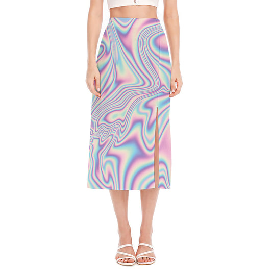 Psychedelic Holographic Print Side Slit Midi Skirt