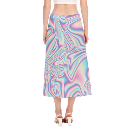 Psychedelic Holographic Print Side Slit Midi Skirt