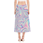Psychedelic Holographic Print Side Slit Midi Skirt