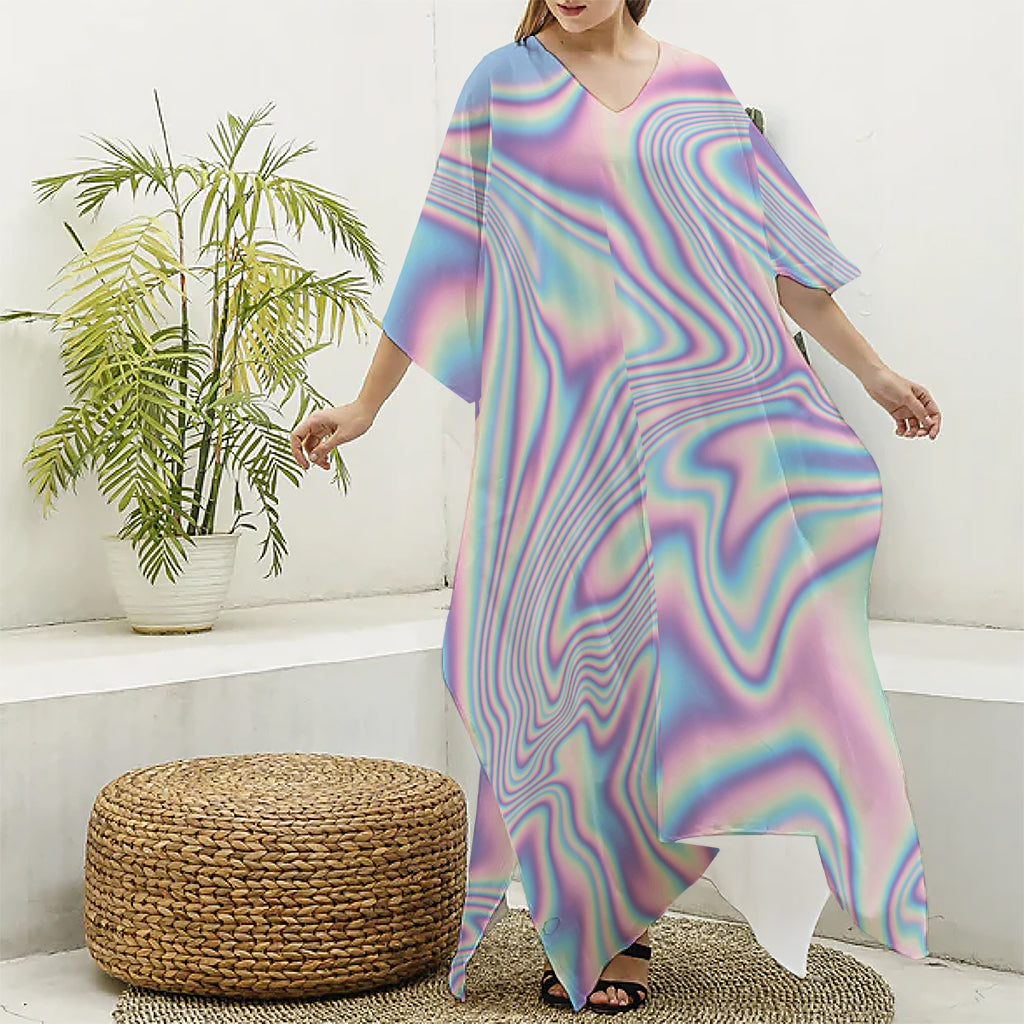 Psychedelic Holographic Print Silk V-Neck Kaftan Dress