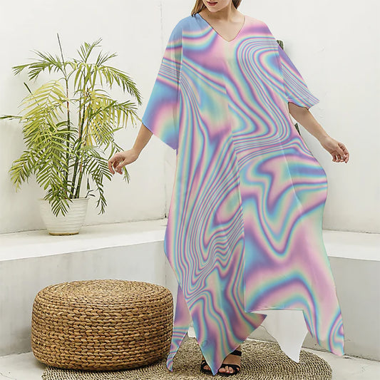 Psychedelic Holographic Print Silk V-Neck Kaftan Dress