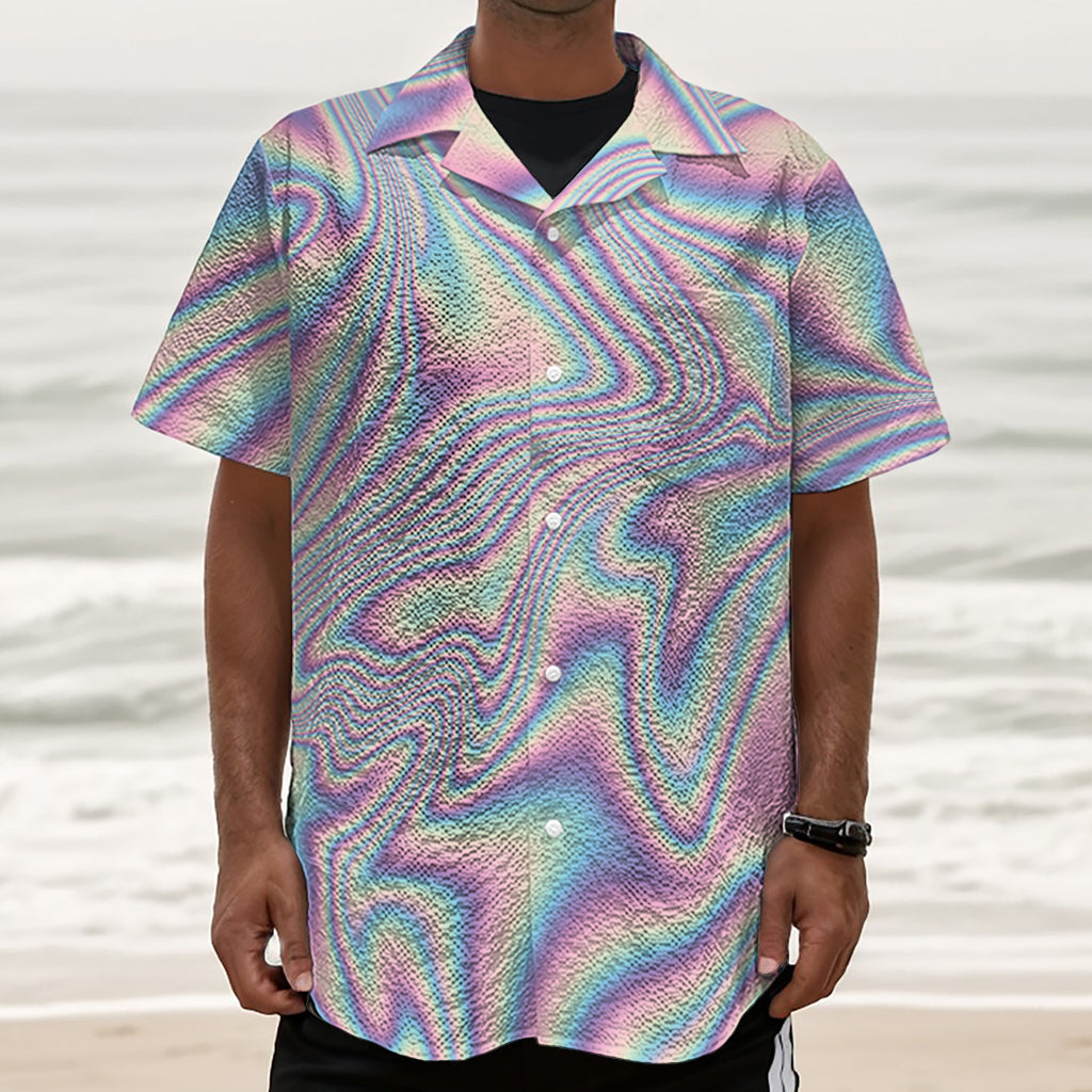 Psychedelic Holographic Print Textured Short Sleeve Shirt