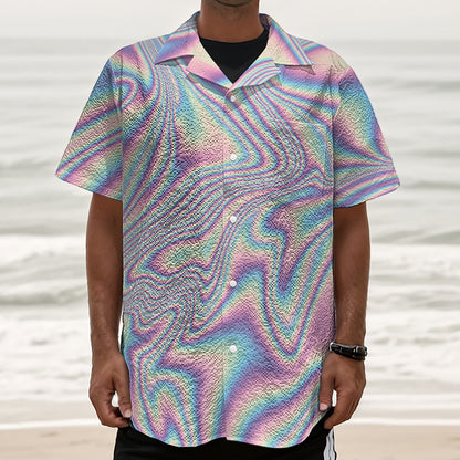 Psychedelic Holographic Print Textured Short Sleeve Shirt