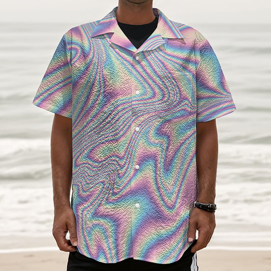 Psychedelic Holographic Print Textured Short Sleeve Shirt