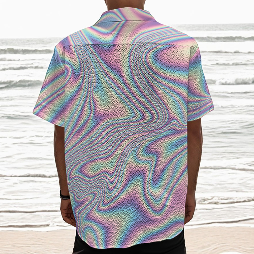 Psychedelic Holographic Print Textured Short Sleeve Shirt