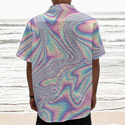 Psychedelic Holographic Print Textured Short Sleeve Shirt