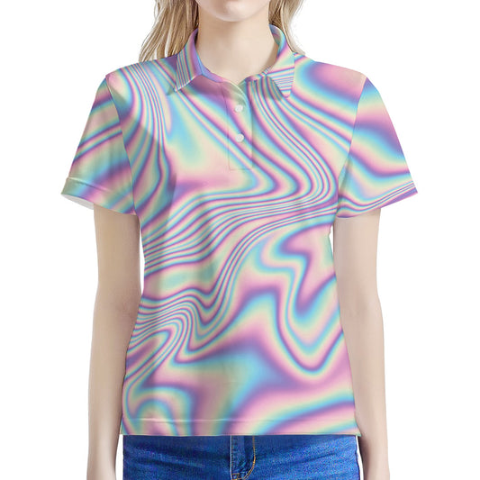 Psychedelic Holographic Print Women's Polo Shirt