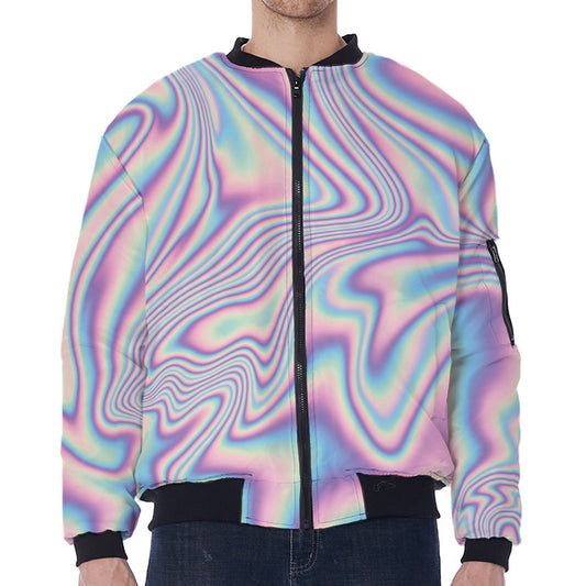 Psychedelic Holographic Print Zip Sleeve Bomber Jacket