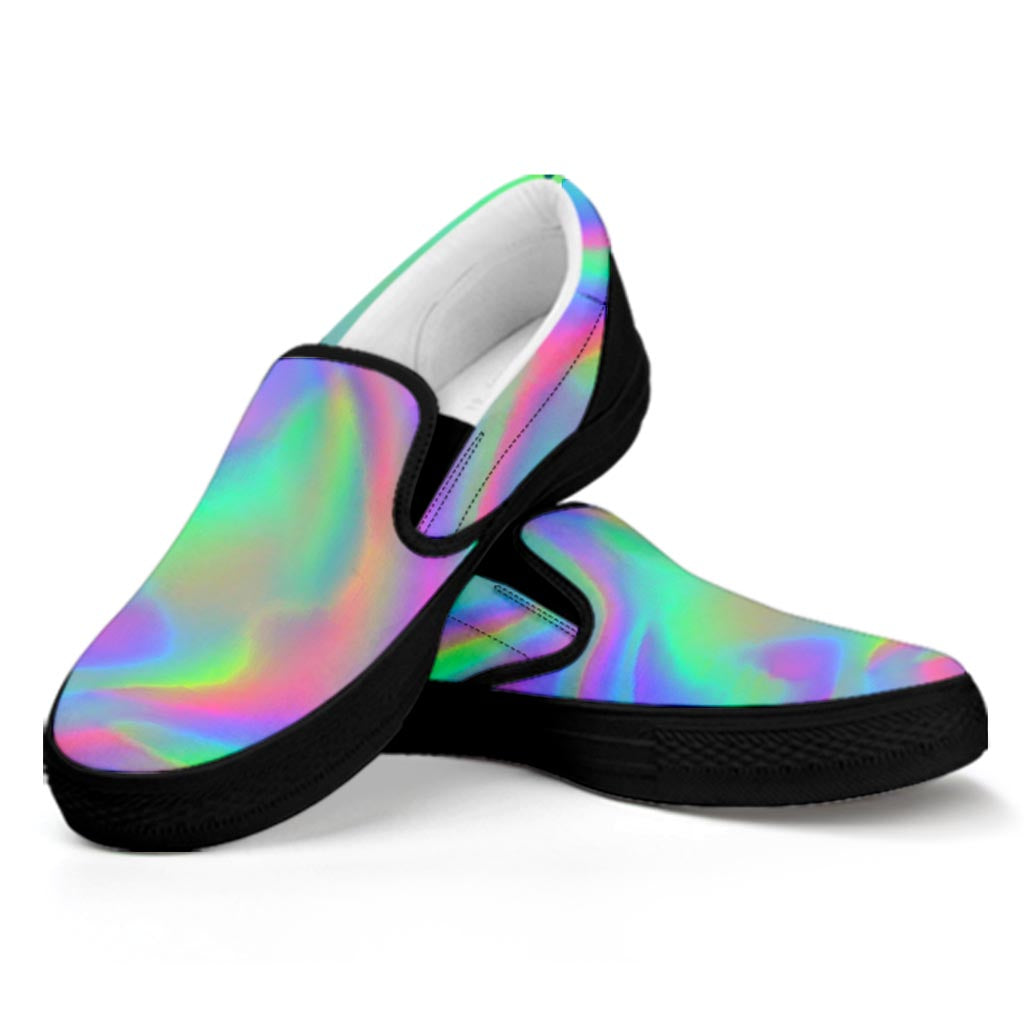Psychedelic Holographic Trippy Print Black Slip On Sneakers