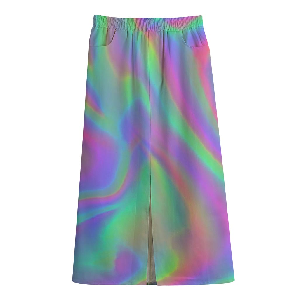 Psychedelic Holographic Trippy Print Cotton Front Slit Maxi Skirt