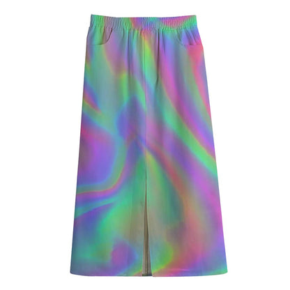 Psychedelic Holographic Trippy Print Cotton Front Slit Maxi Skirt