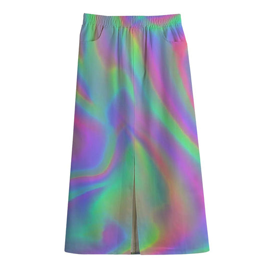 Psychedelic Holographic Trippy Print Cotton Front Slit Maxi Skirt