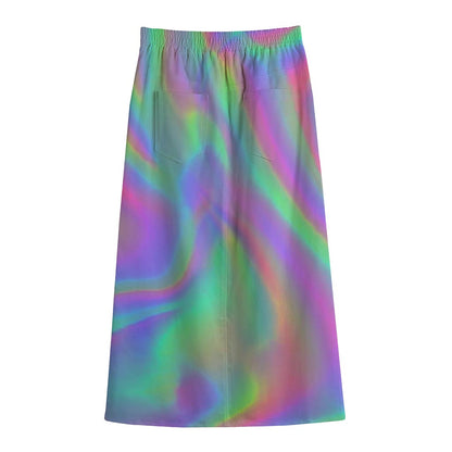 Psychedelic Holographic Trippy Print Cotton Front Slit Maxi Skirt