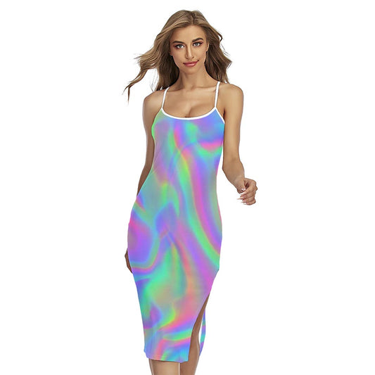 Psychedelic Holographic Trippy Print Cross Back Cami Dress
