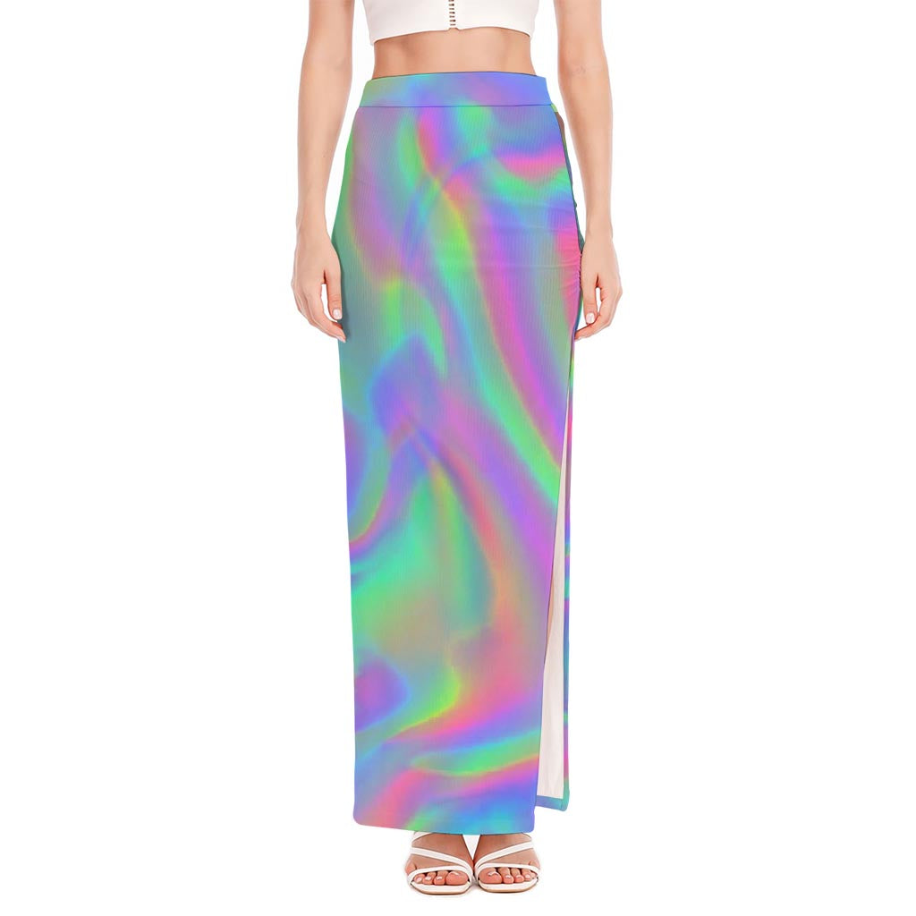 Psychedelic Holographic Trippy Print High Slit Maxi Skirt