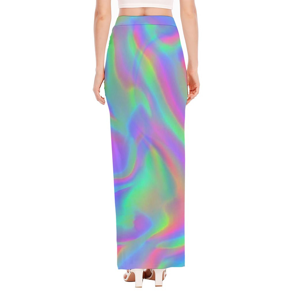 Psychedelic Holographic Trippy Print High Slit Maxi Skirt