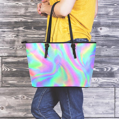 Psychedelic Holographic Trippy Print Leather Tote Bag