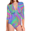 Psychedelic Holographic Trippy Print Long Sleeve Swimsuit