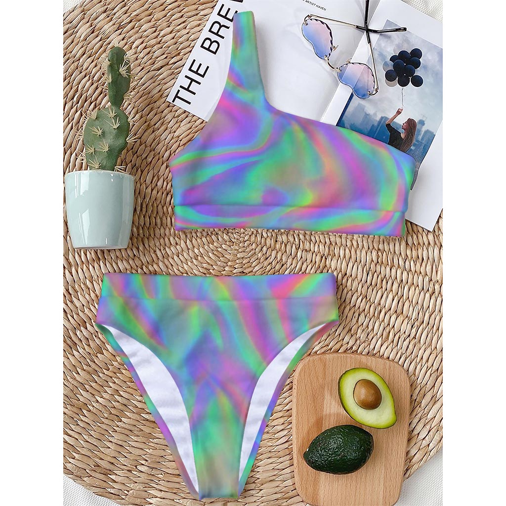 Psychedelic Holographic Trippy Print One Shoulder Bikini Top