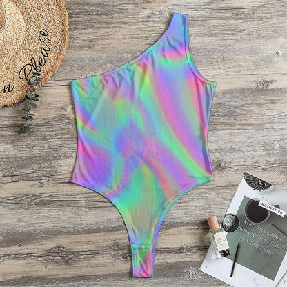 Psychedelic Holographic Trippy Print One Shoulder Bodysuit