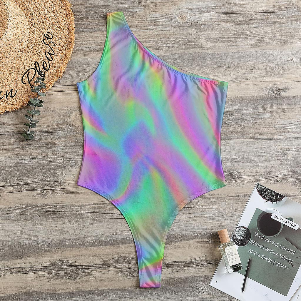 Psychedelic Holographic Trippy Print One Shoulder Bodysuit