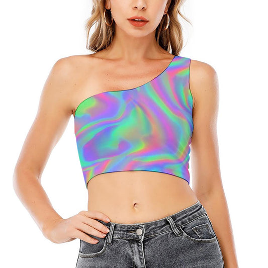Psychedelic Holographic Trippy Print One Shoulder Crop Top
