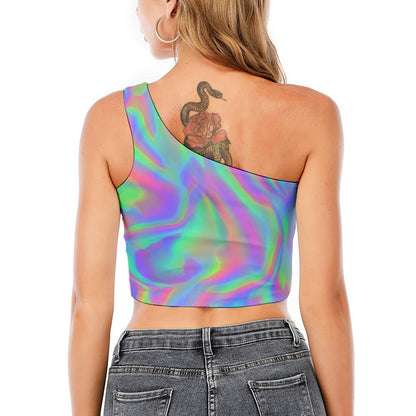 Psychedelic Holographic Trippy Print One Shoulder Crop Top