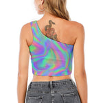 Psychedelic Holographic Trippy Print One Shoulder Crop Top