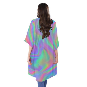 Psychedelic Holographic Trippy Print Open Front Beach Cover Up