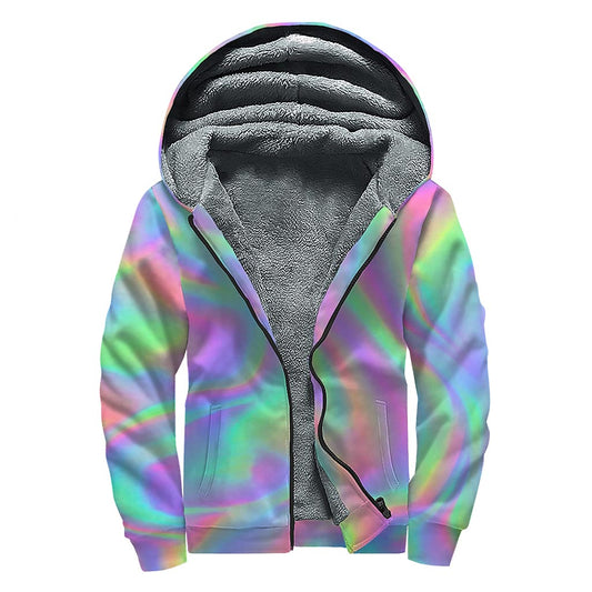 Psychedelic Holographic Trippy Print Sherpa Lined Zip Up Hoodie