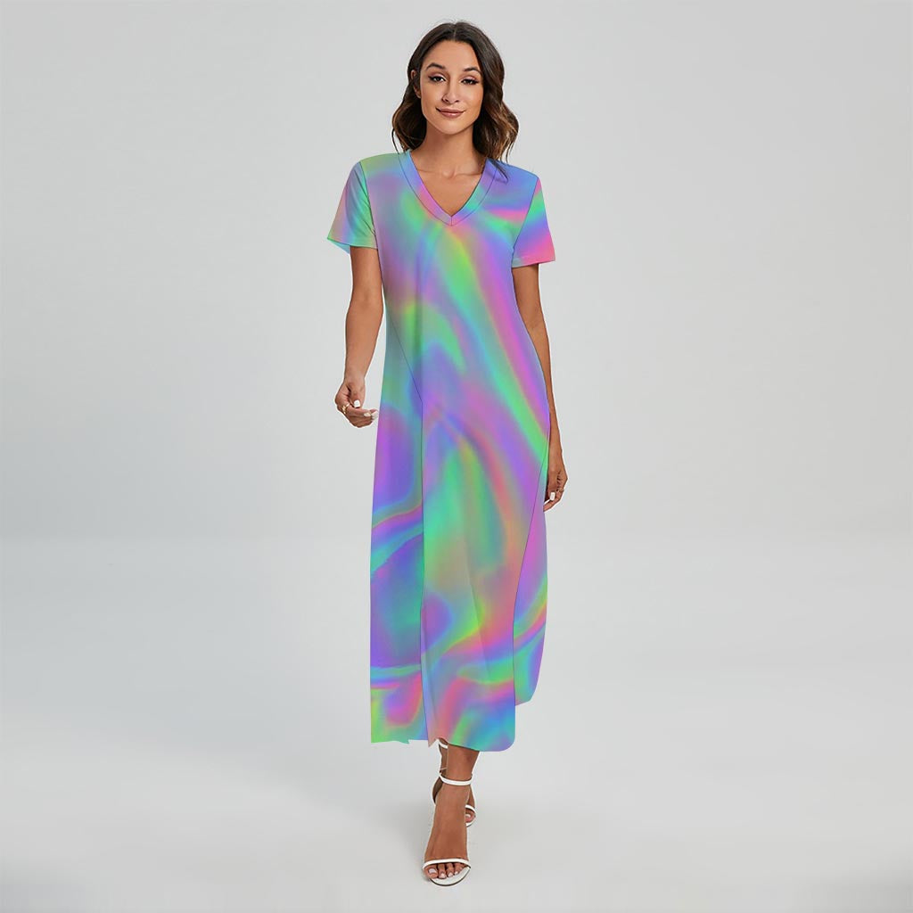 Psychedelic Holographic Trippy Print Short Sleeve Maxi Dress