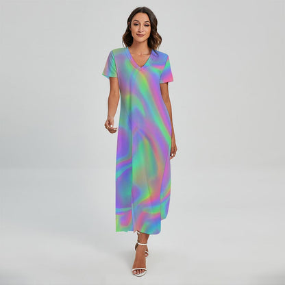 Psychedelic Holographic Trippy Print Short Sleeve Maxi Dress