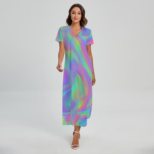 Psychedelic Holographic Trippy Print Short Sleeve Maxi Dress